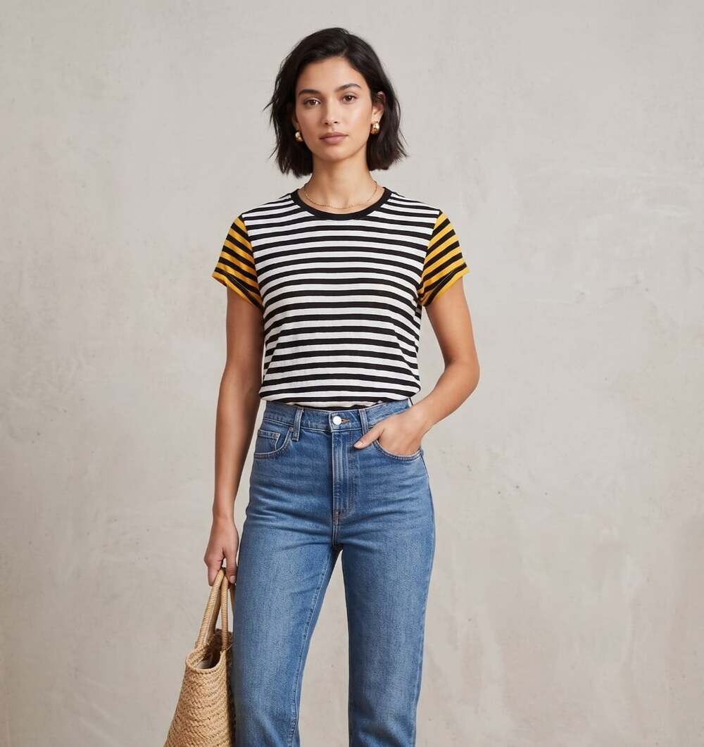 Frame Denim 100% Linen Striped Short Sleeve T-Shirt Noir Multi Womens Size M
